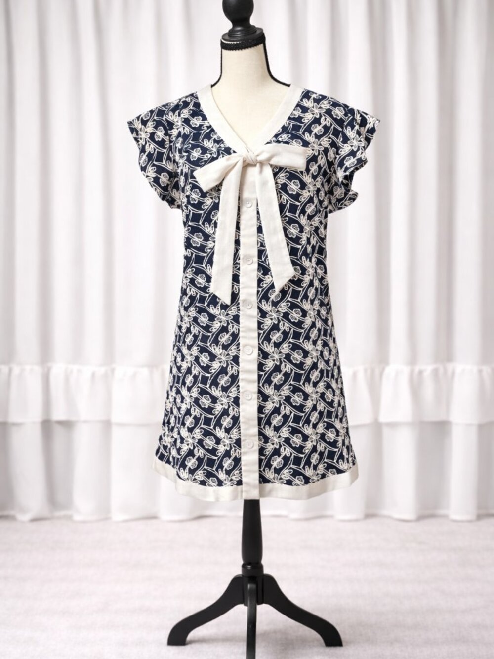 Navy White Cotton Mini Dress Bow Front Coastal Cottagecore Summer Dress Size M